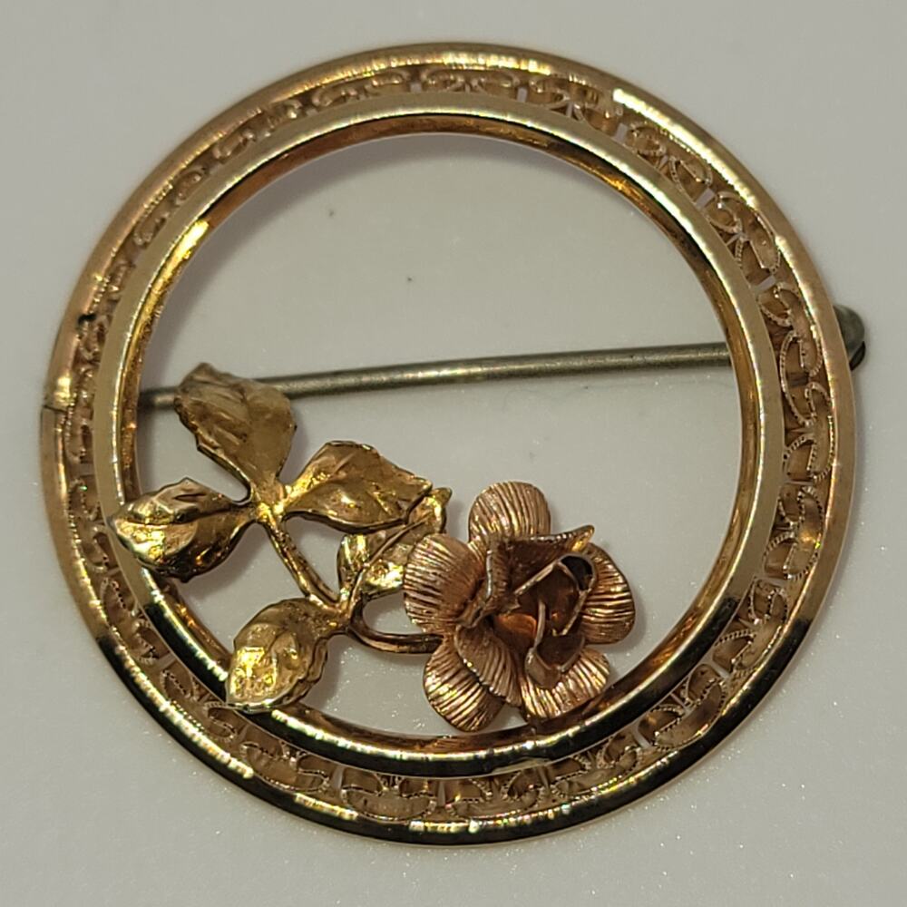 Vintage Krementz 14K Gold Overlay Rose Circle Brooch Pin - Picture 9 of 9